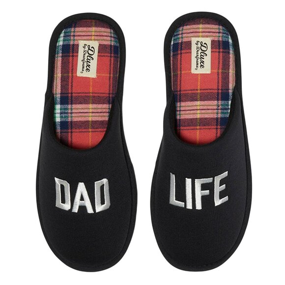 Dluxe Dearfoams Dad Life Slippers Black Plaid Cozy Slip On Mens Slippers M 9/10 - Picture 1 of 5